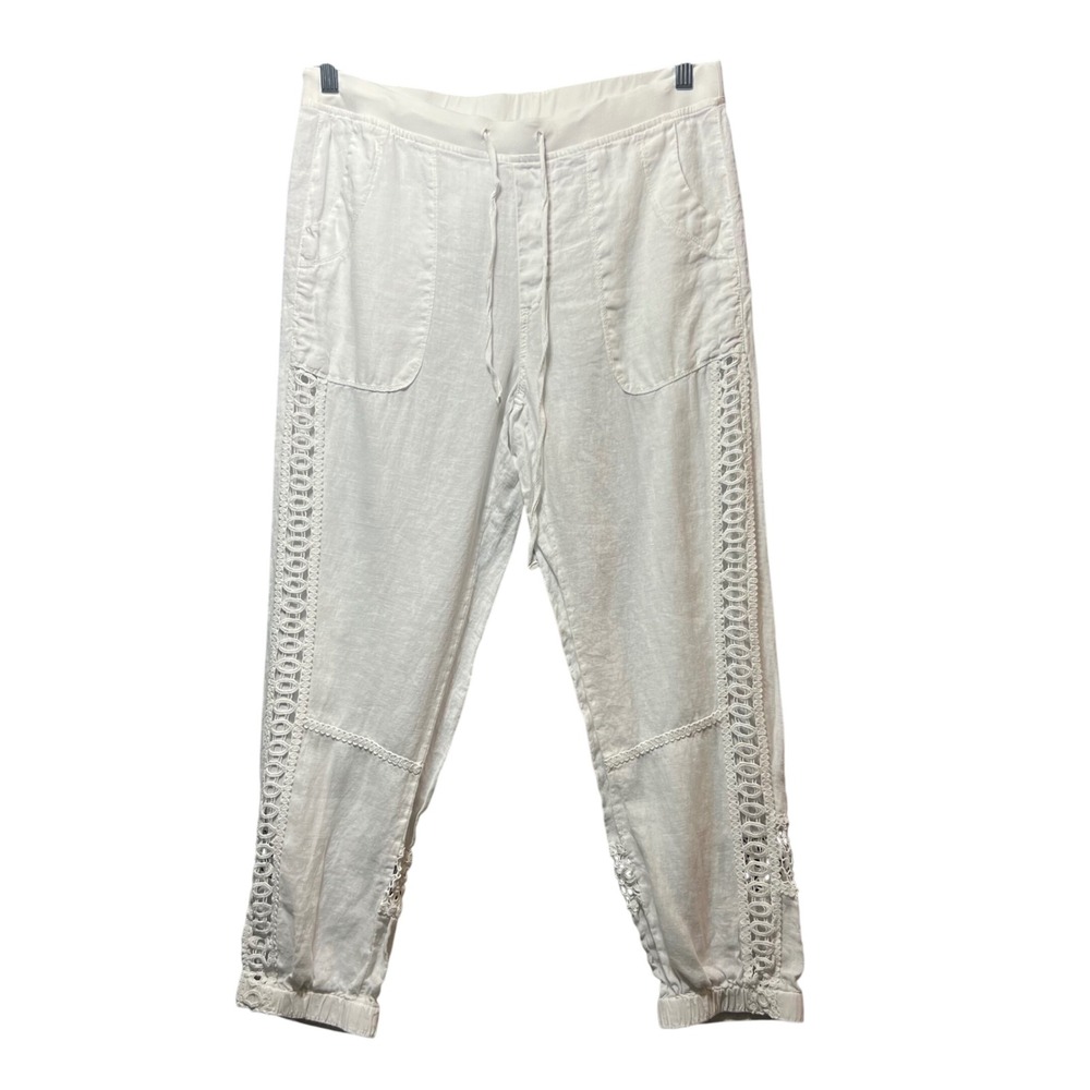 XCVI White Linen Cropped Pants Lace Crochet Inset Drawstring Waist Women‎ Medium
